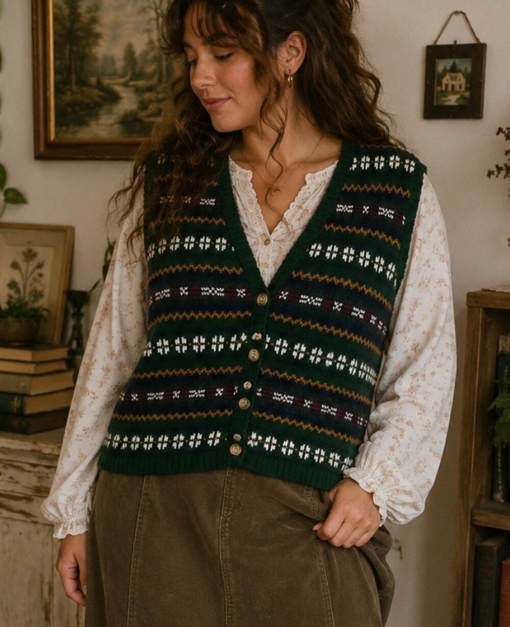 Vintage Northcrest Fair Isle Sweater Vest Green Grandpa Academia Cottagecore XL